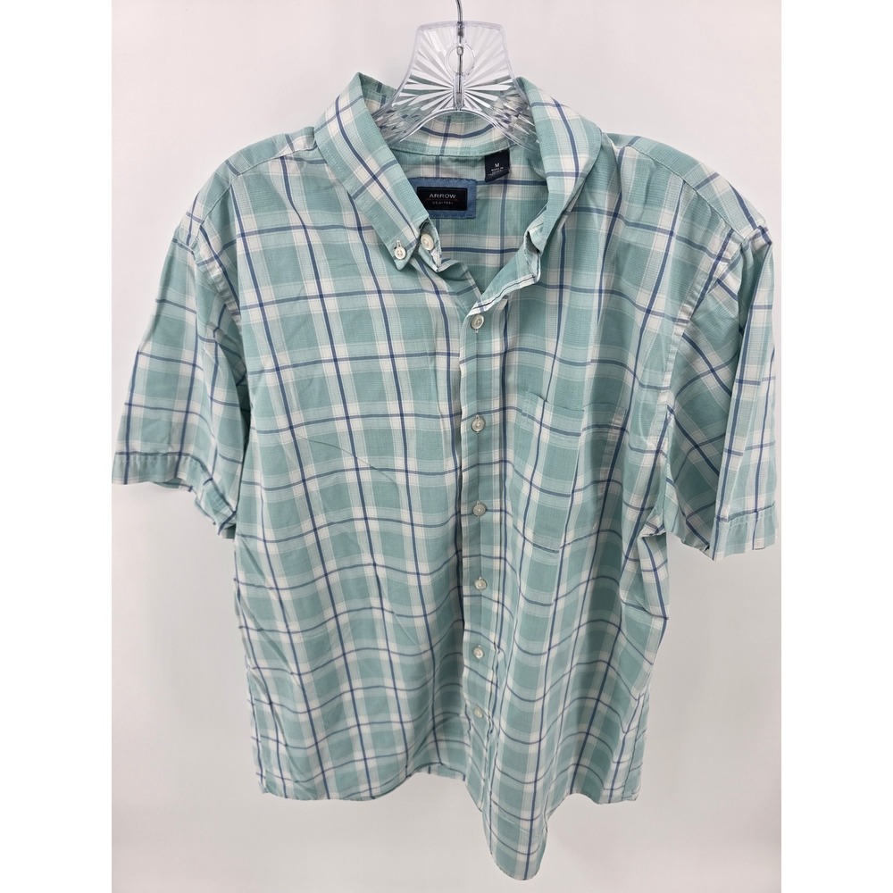 Arrow USA 1851 Mens Medium Green Blue Plaid Short Sleeve Button Down Shirt